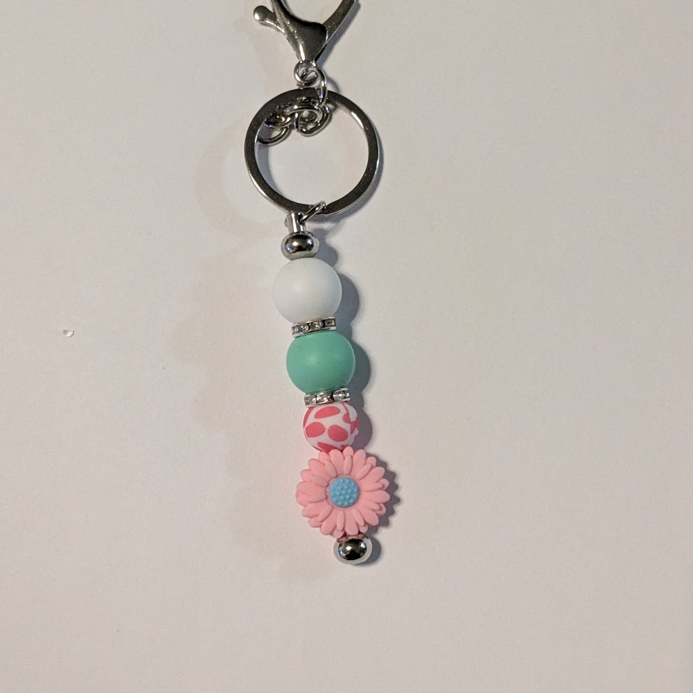 Kids Beaded Flower Keychain Charm - Pink & Mint
